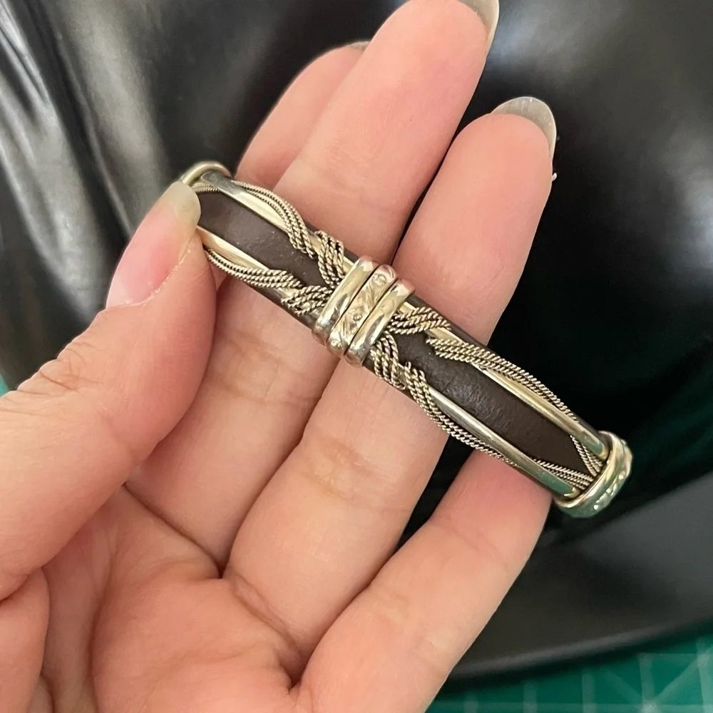 Leather brass wired silver tone cuff bracelet